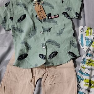 Mint Green Feather Print Button-Up Shirt - Size 1-2